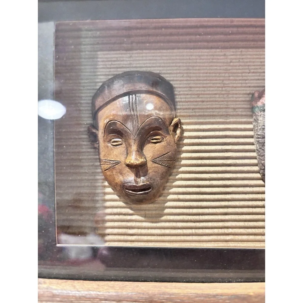 West African 3-Miniature Passport Masks Rustic Wood Shadow Box 14.5x8.5 Boho